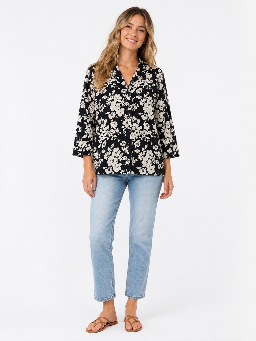 Jones New York Sport 100% Linen Floral Button Up Blouse Black White XL Coastal